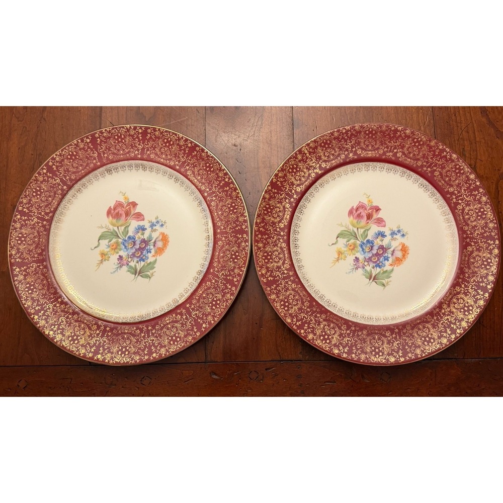 Vintage Homer Laughlin Lady Stratford Dinner Plates Set of 2 Maroon Gold Lace
